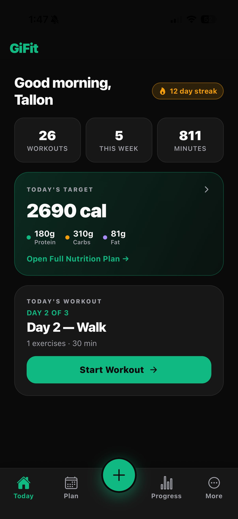 GiFit app showing the Today screen with workout plan and streak